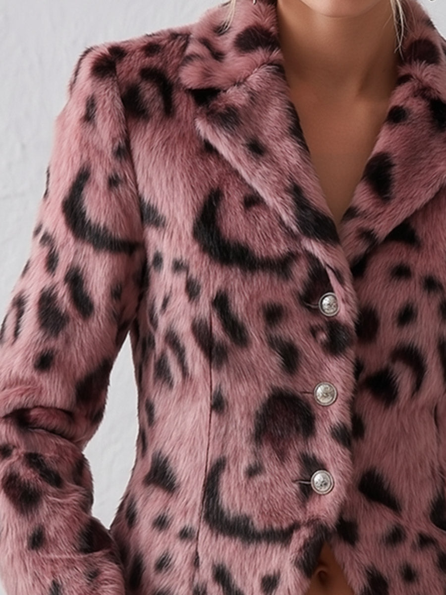 Stylish Pink Leopard-Print Faux Fur Collar Short Coat