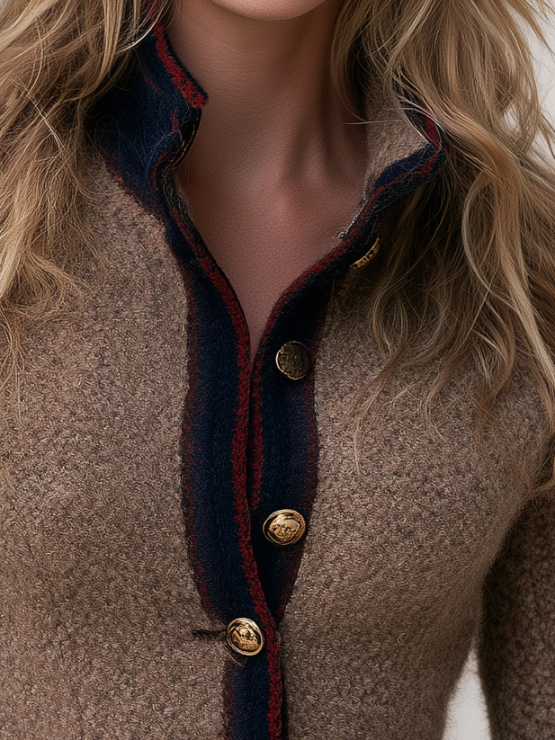 Retro Elegant Camel Bouclé Contrast-Trim Gold Button Stand Collar Jacket