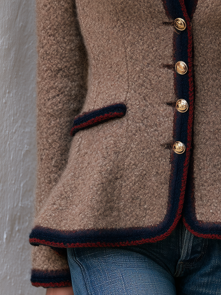 Retro Elegant Camel Bouclé Contrast-Trim Gold Button Stand Collar Jacket