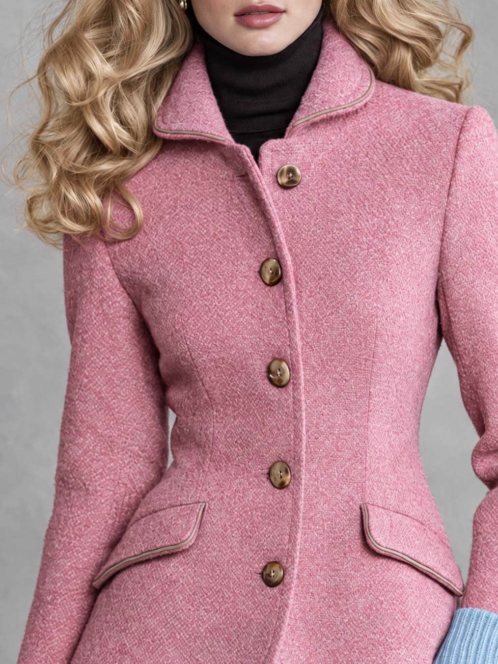 Vintage Pink Wool-Blend Herringbone Tweed Blazer Women Button Front Contrast Cuff Jacket