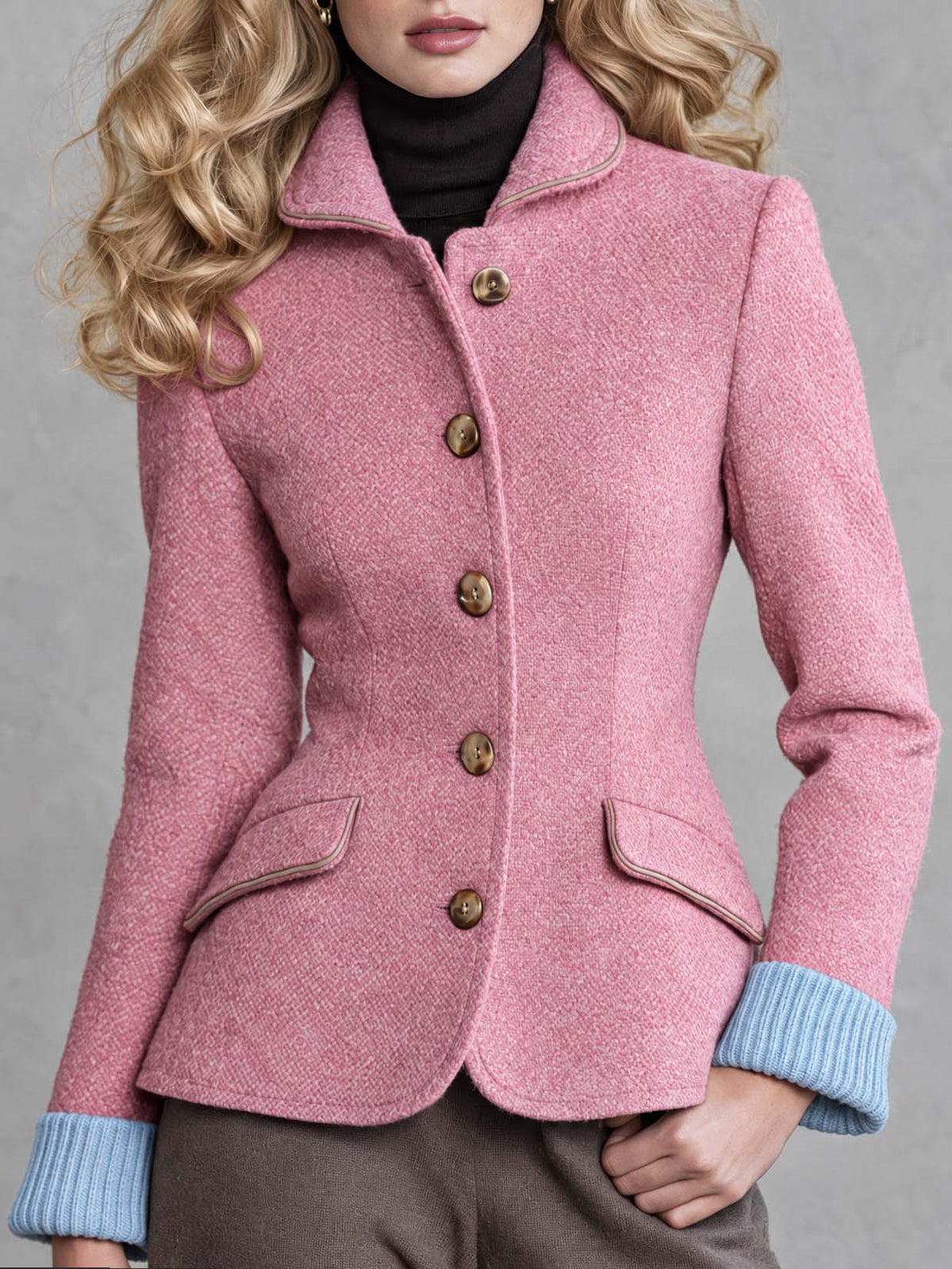 Vintage Pink Wool-Blend Herringbone Tweed Blazer Women Button Front Contrast Cuff Jacket