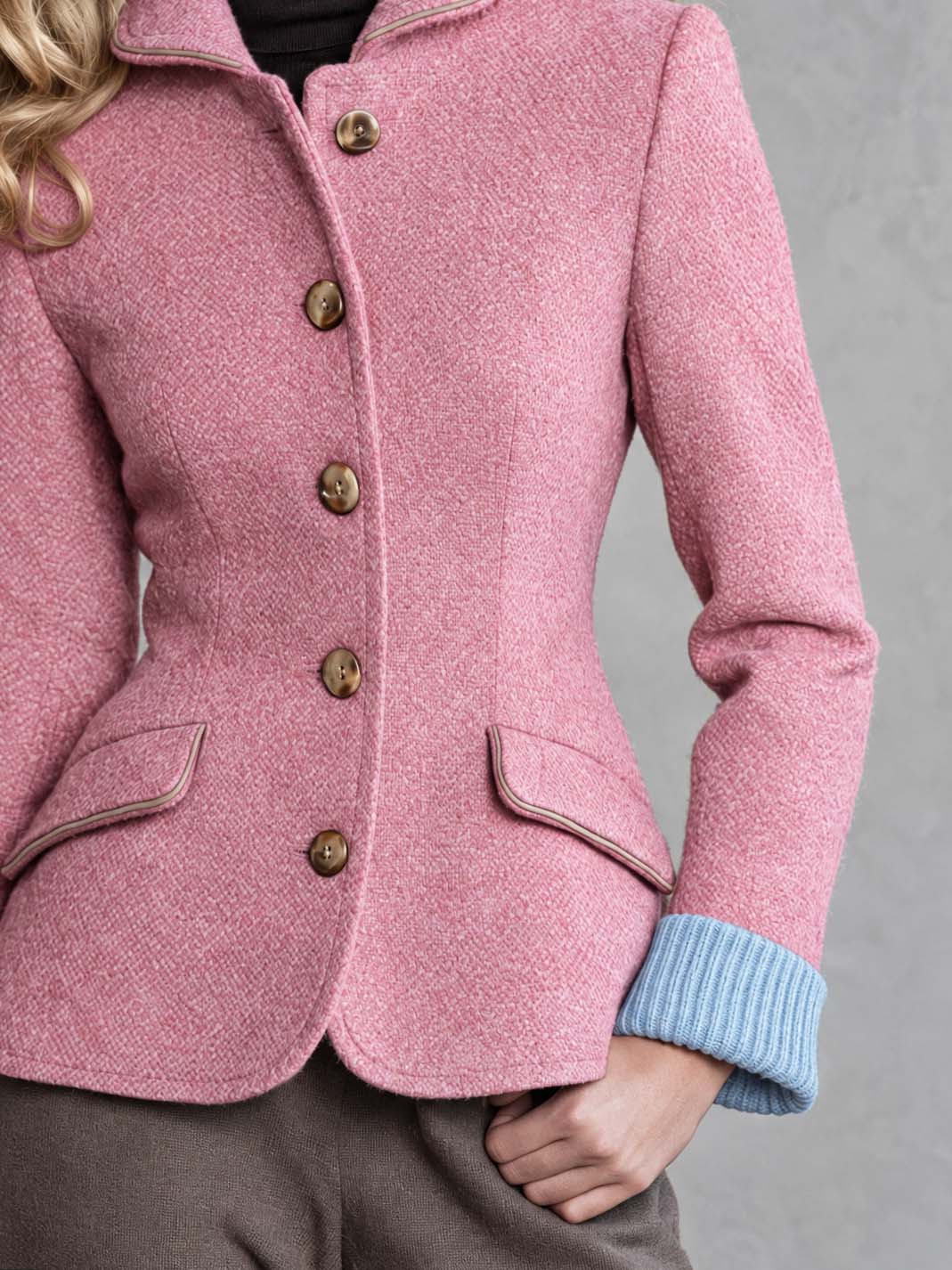 Vintage Pink Wool-Blend Herringbone Tweed Blazer Women Button Front Contrast Cuff Jacket
