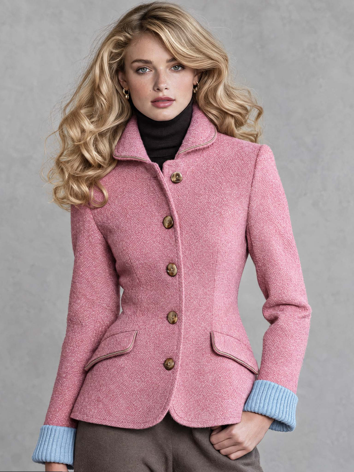 Vintage Pink Wool-Blend Herringbone Tweed Blazer Women Button Front Contrast Cuff Jacket