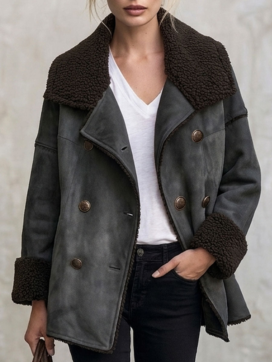 Retro Casual Gray Faux Suede And Faux Wool Collar Double-breasted Jacket