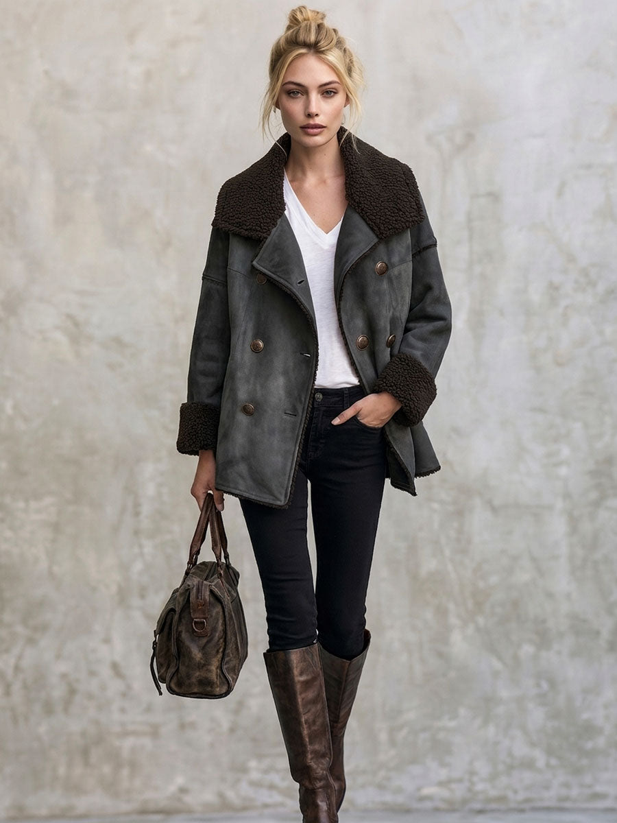 Retro Casual Gray Faux Suede And Faux Wool Collar Double-breasted Jacket