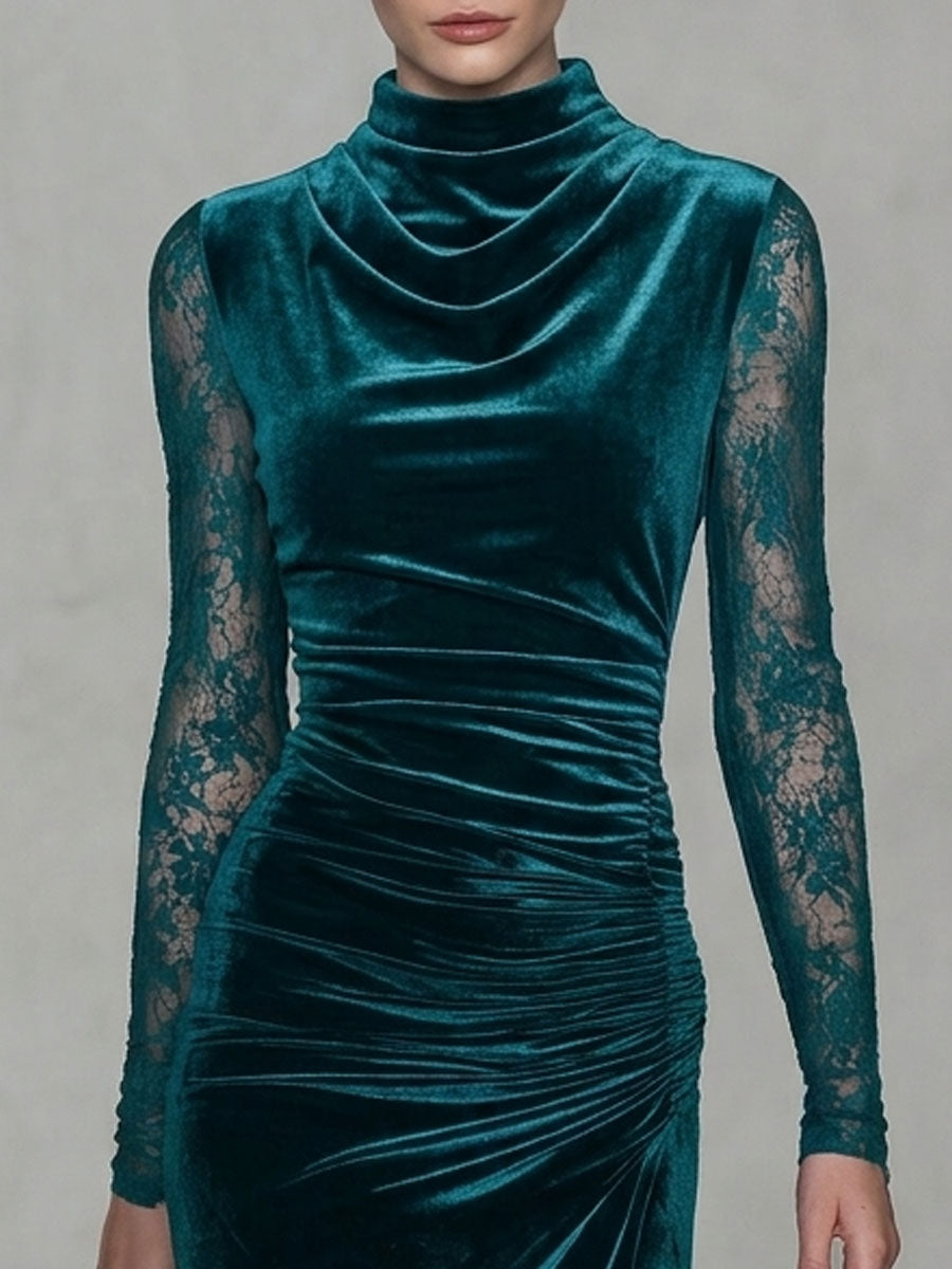 Retro-chic Blue-green Velvet Lace Sleeve Drop Neck Slit Midi Dress