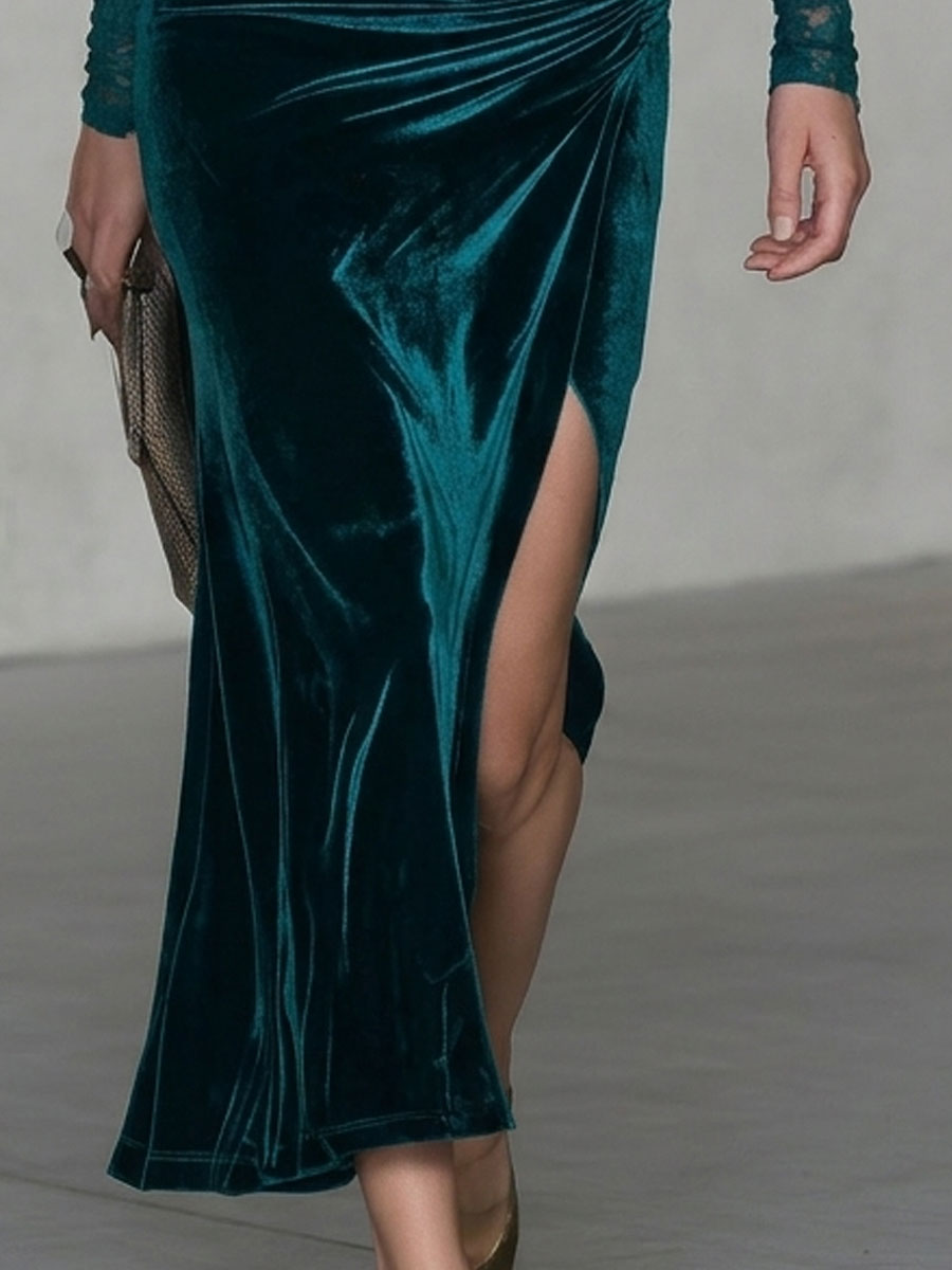 Retro-chic Blue-green Velvet Lace Sleeve Drop Neck Slit Midi Dress