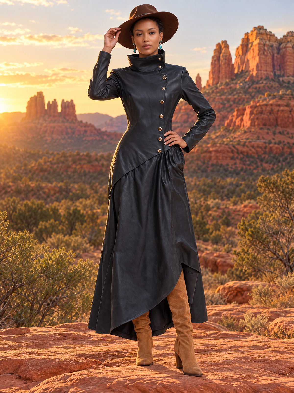 Vintage Fashion Leather Maxi Dress Coat High Collar Asymmetric Hem Long Sleeve