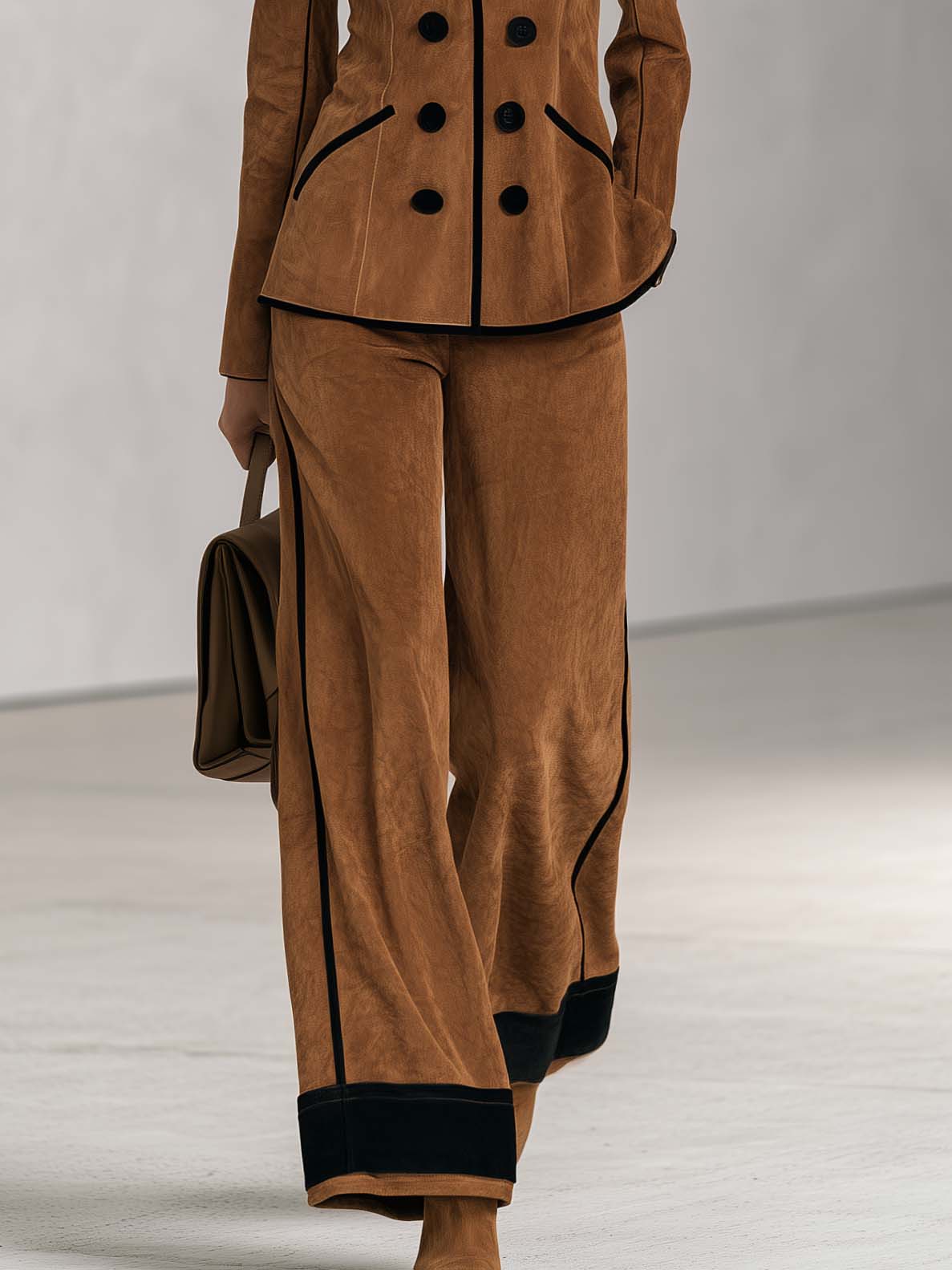 Vintage Cognac Faux Suede Double-Breasted Blazer And Wide-Leg Pants Set For Women