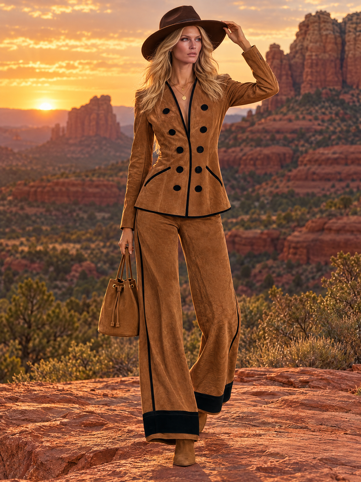 Vintage Cognac Faux Suede Double-Breasted Blazer And Wide-Leg Pants Set For Women
