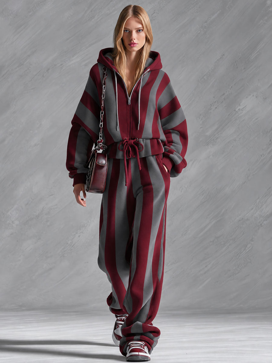 Retro Sporty Red And Gray Striped Zippered Ruffled Cotton Top And Pants Set