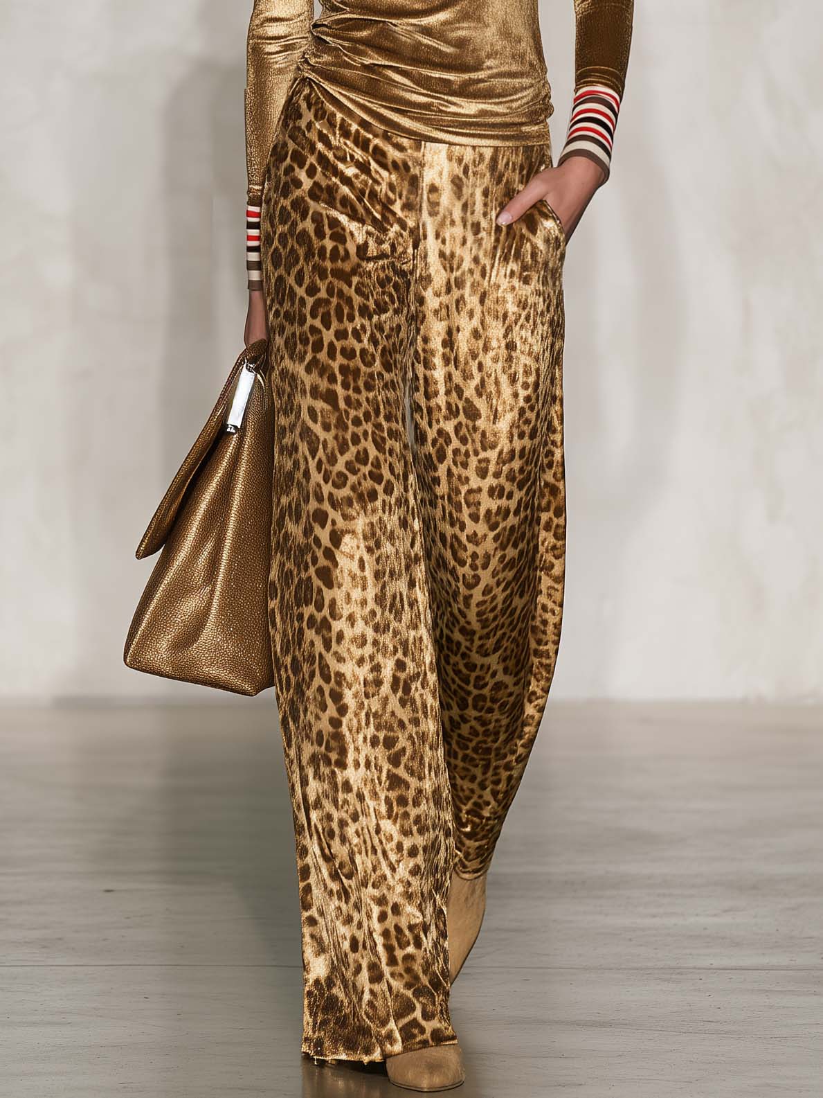 Vintage Glam Gold Velvet Turtleneck Top And Leopard-Print Wide-Leg Pants Set