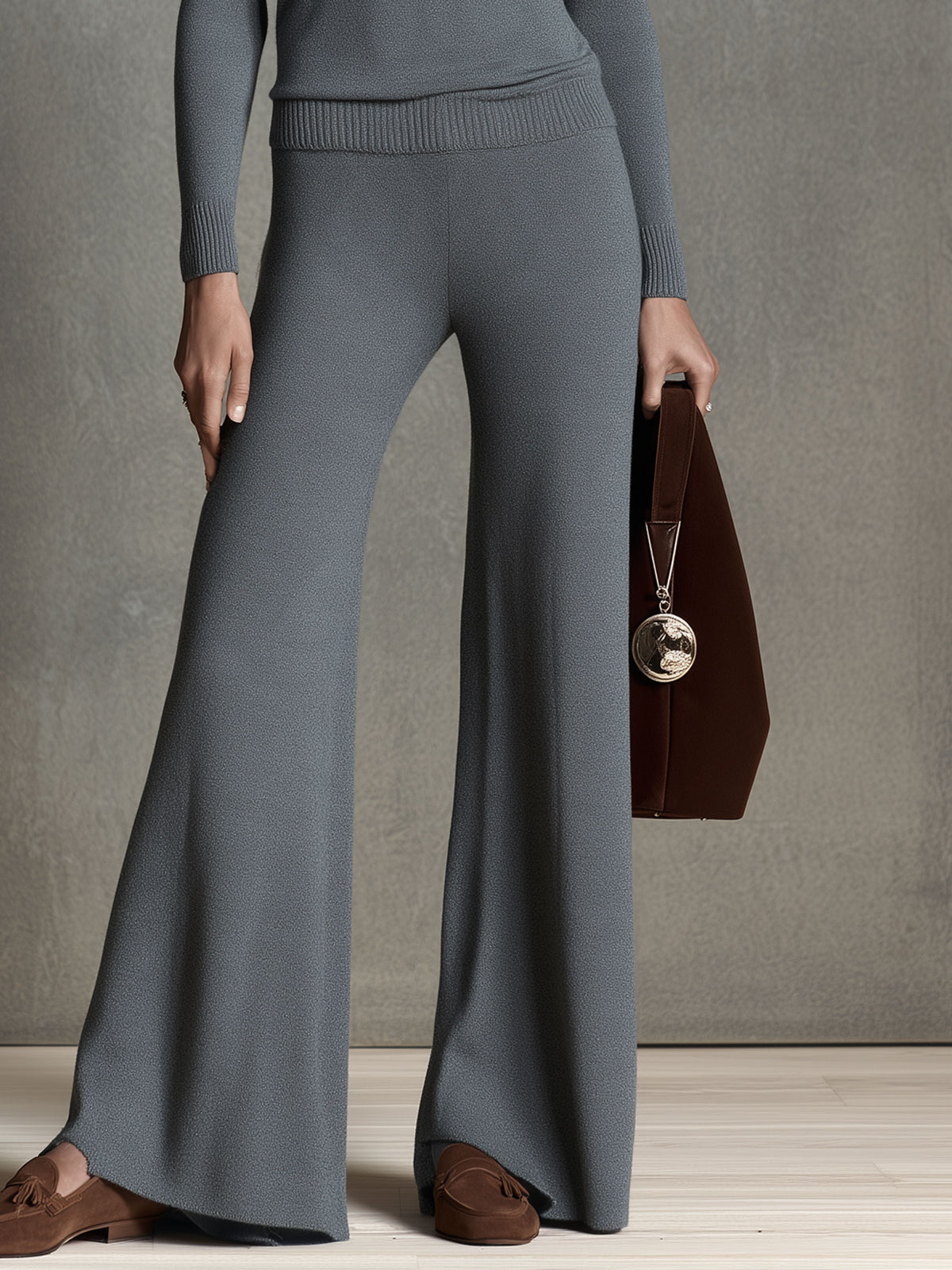 Stylish And Simple Dark Gray Knit Crew Neck Sweater And Flared Pants Set
