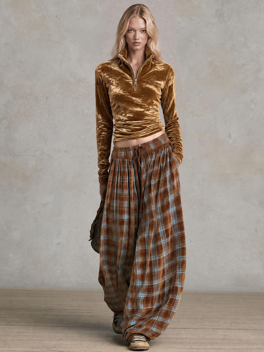 Retro Elegant Gold Velvet Stand-Collar Zip Top And Plaid Print Loose Wide-Leg Trousers Set