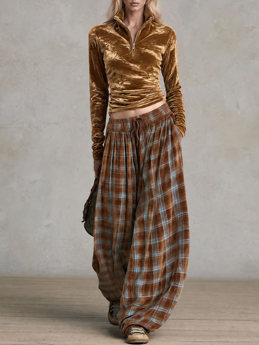 Retro Elegant Gold Velvet Stand-Collar Zip Top And Plaid Print Loose Wide-Leg Trousers Set