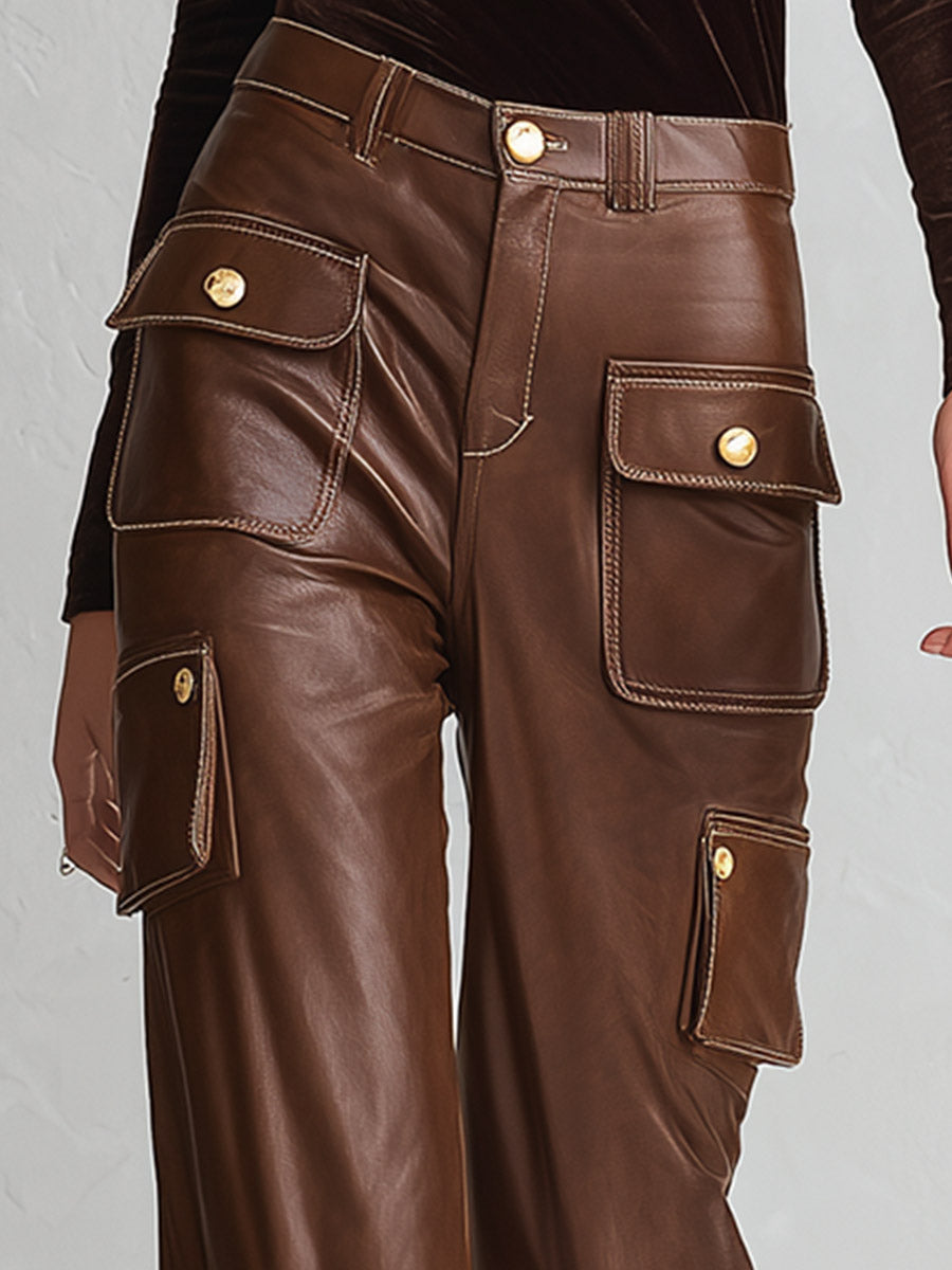Retro & Versatile Brown Multi-Pocket PU Wide-Leg Pants