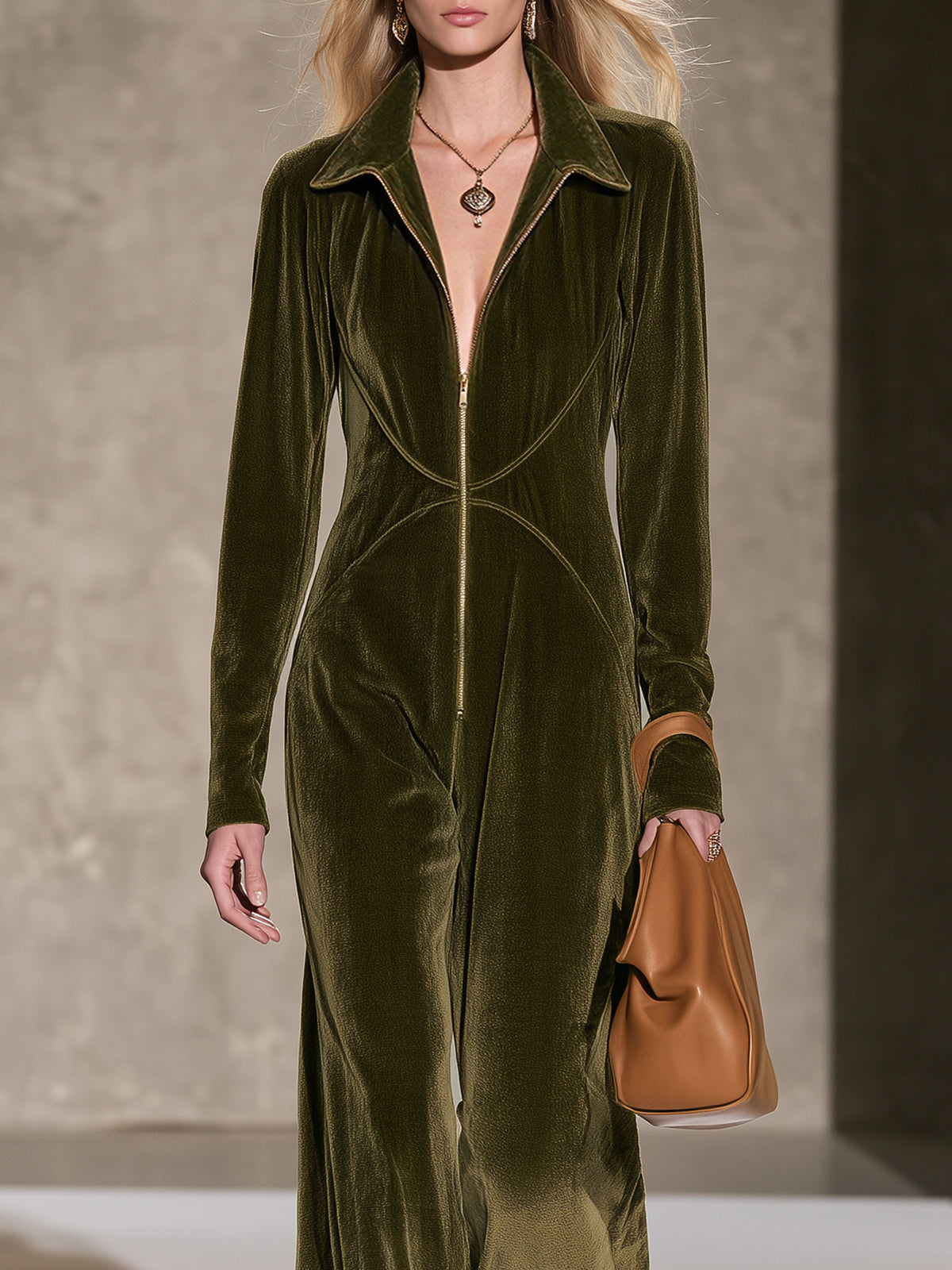 Stylish And Simple Olive Green Velvet Long-sleeved Wide-leg Jumpsuit