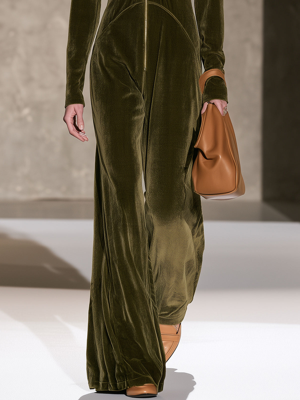 Stylish And Simple Olive Green Velvet Long-sleeved Wide-leg Jumpsuit