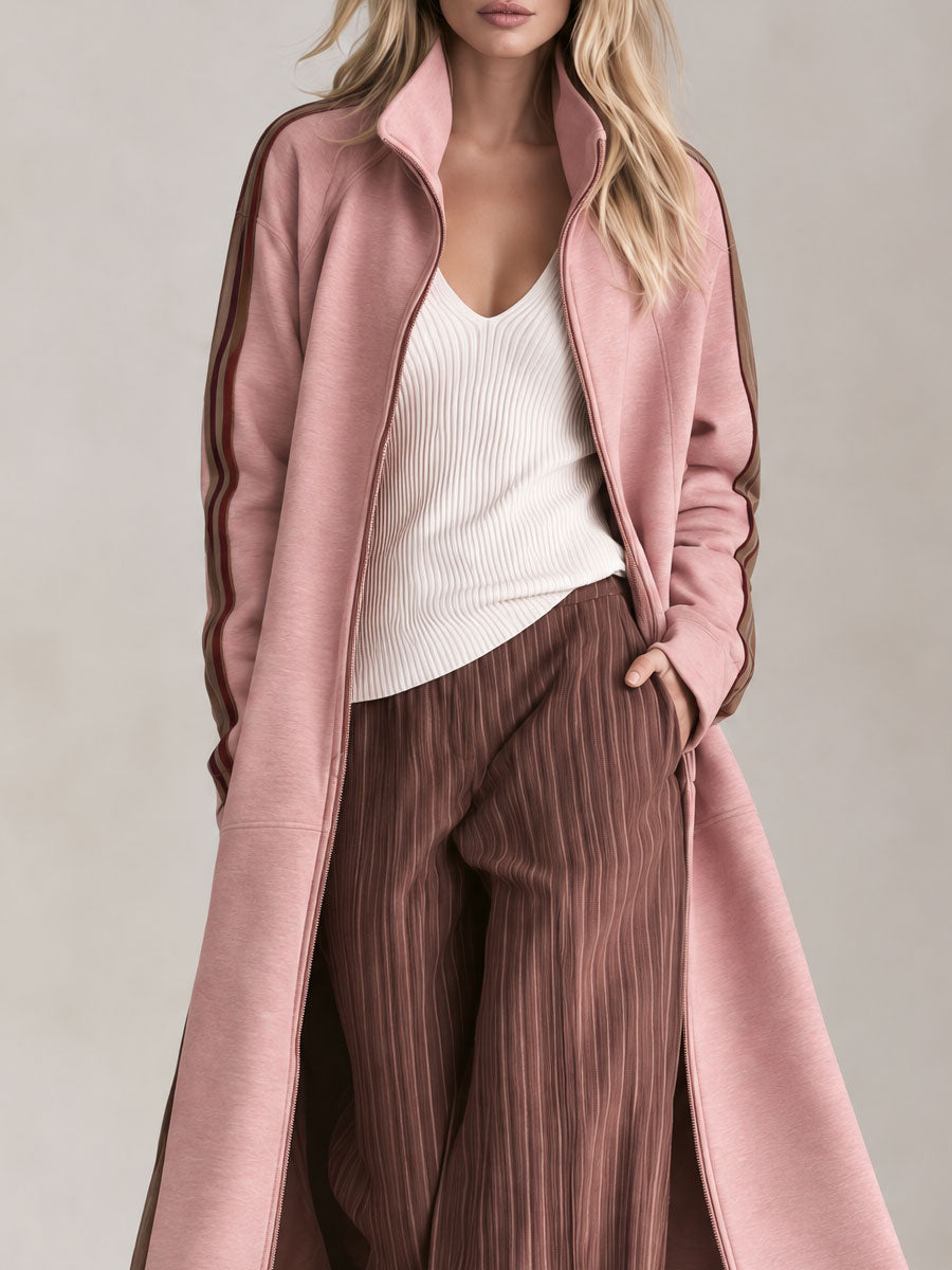Retro Casual Pink Contrast Side-Stripe Stand-Collar Zip-Up Long Sweatshirt Coat