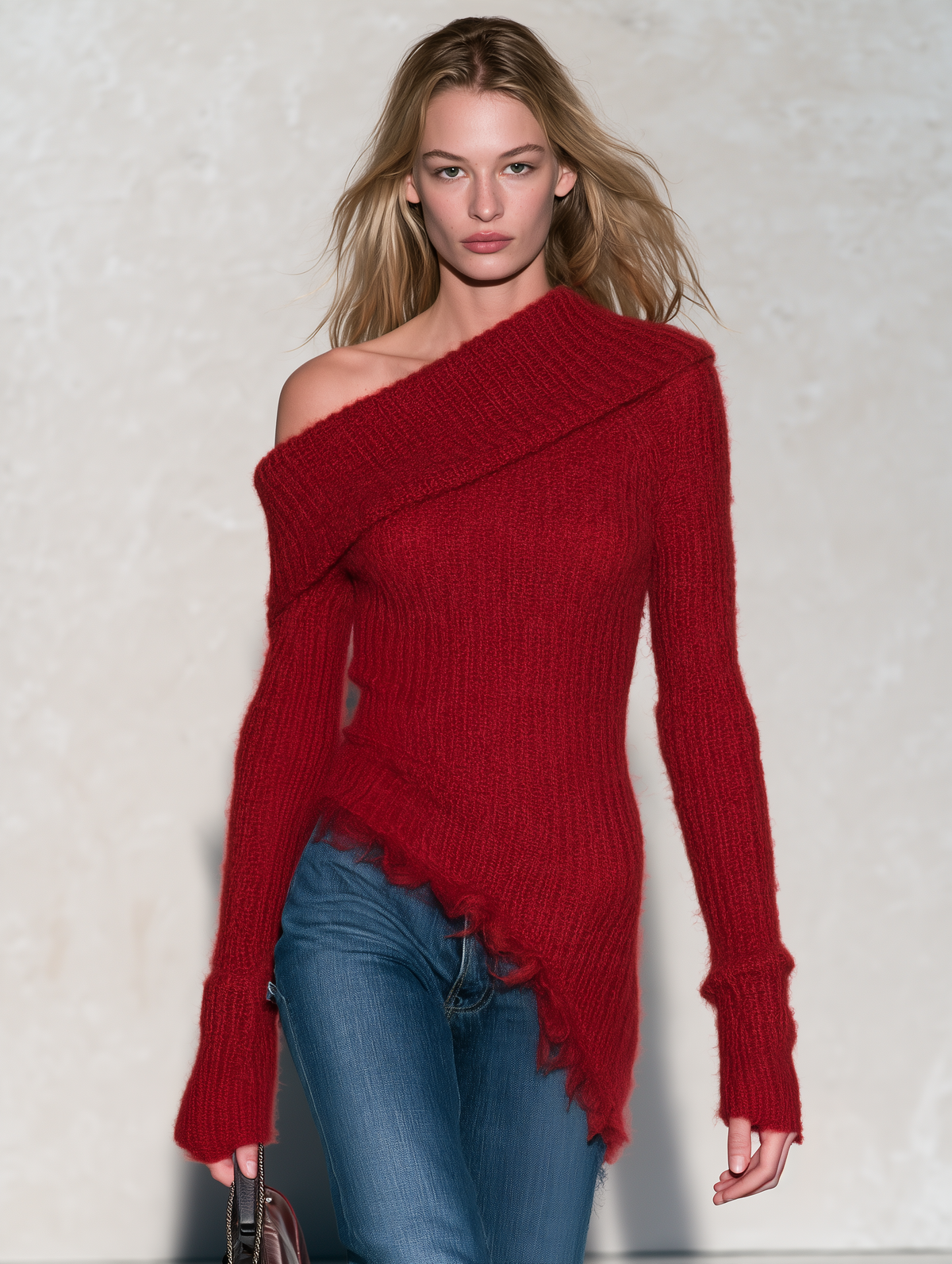 Retro Elegant Red Asymmetric Shoulder Frayed Hem Going-Out Top