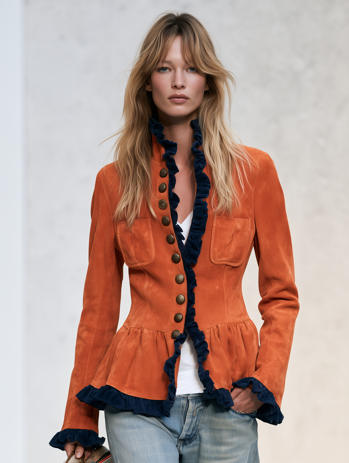 Retro Western Burnt Orange Faux Suede Navy Ruffle Trim Peplum Jacket