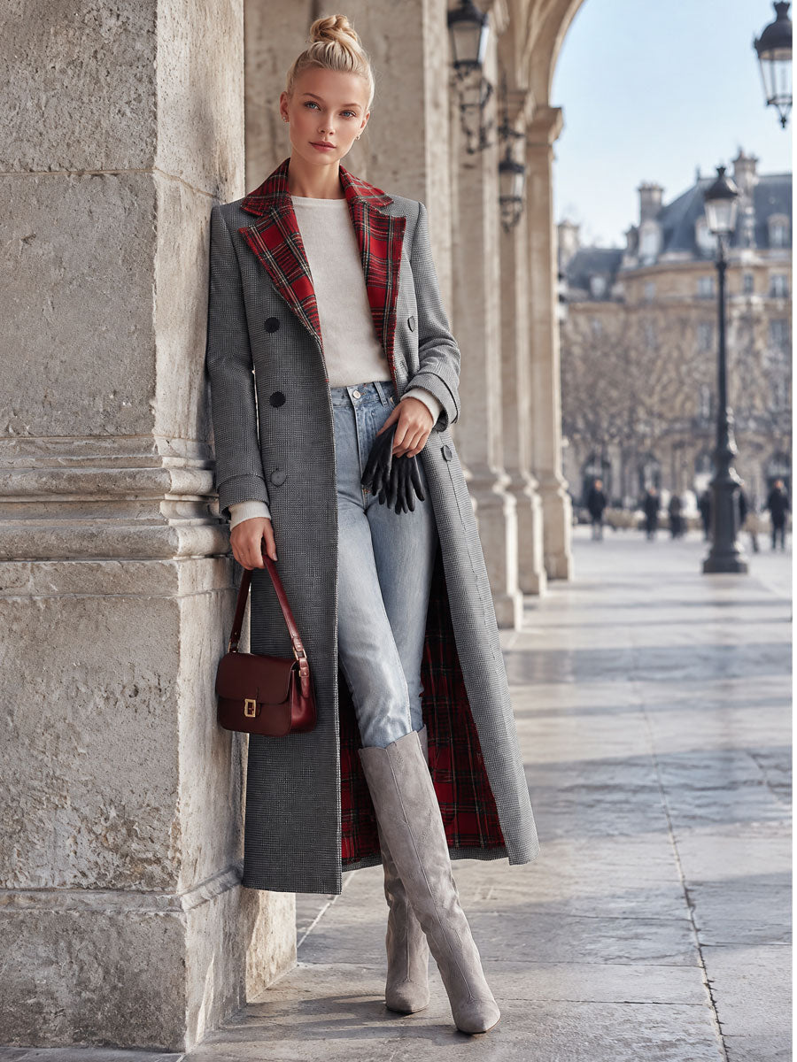 Classic Retro Red Plaid Lapel Grey Double-breasted Long Coat