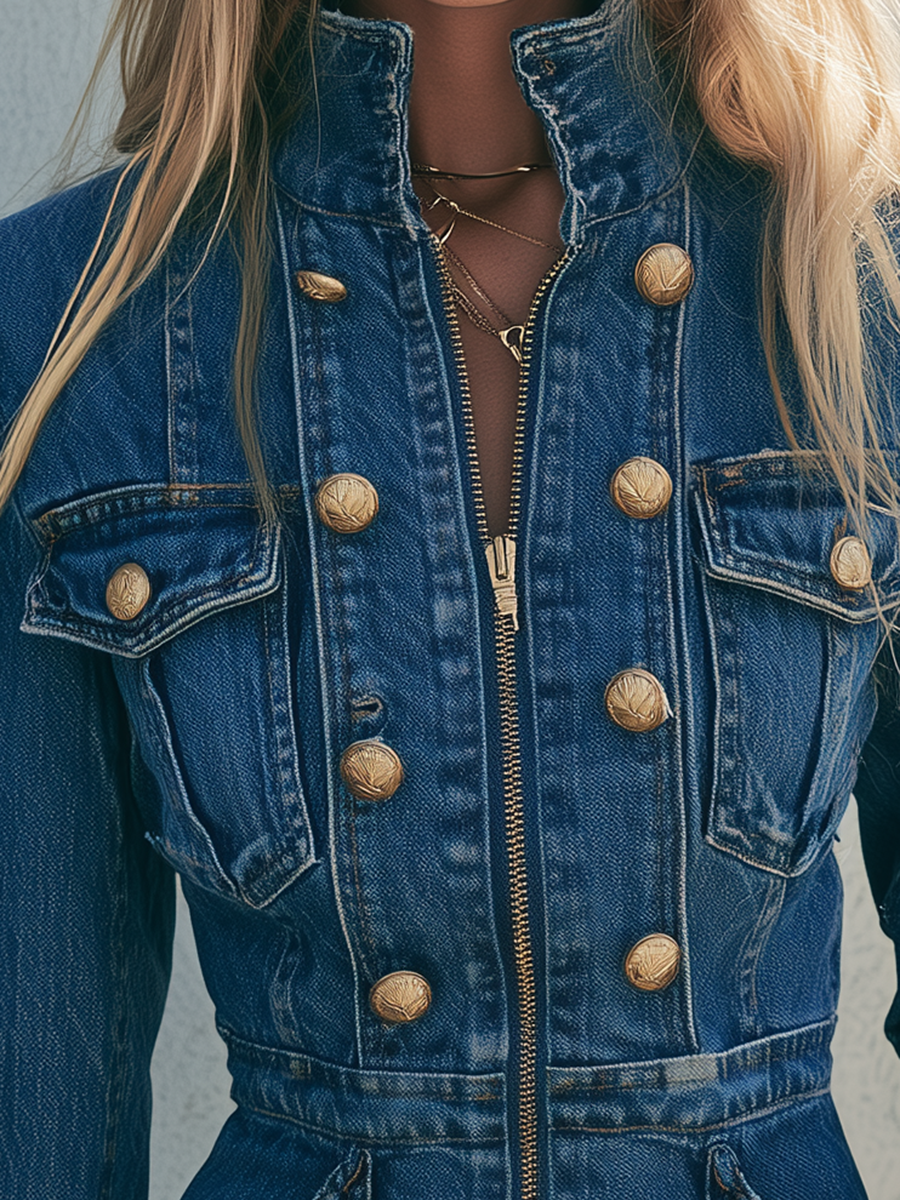 Fringed Denim Mini Dress With Gold Zipper