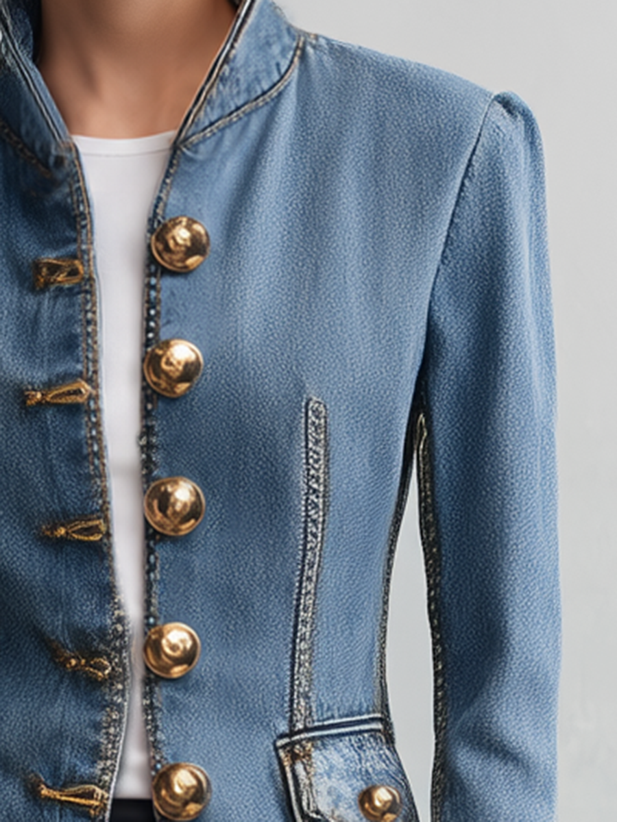 Tailored Denim Military Jacket With Stand Collar