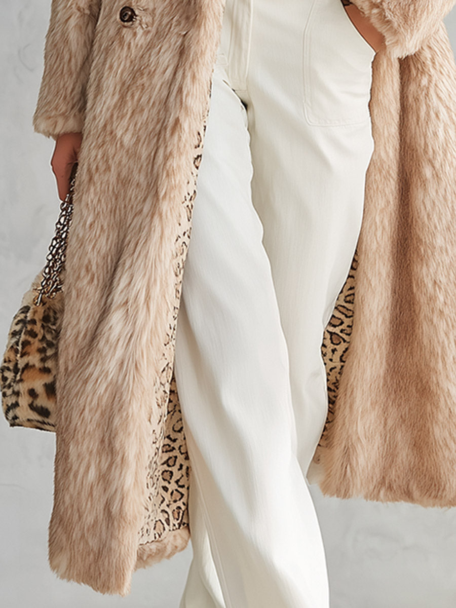 Stylish And Warm Leopard-Print Collar Faux Fur Coat
