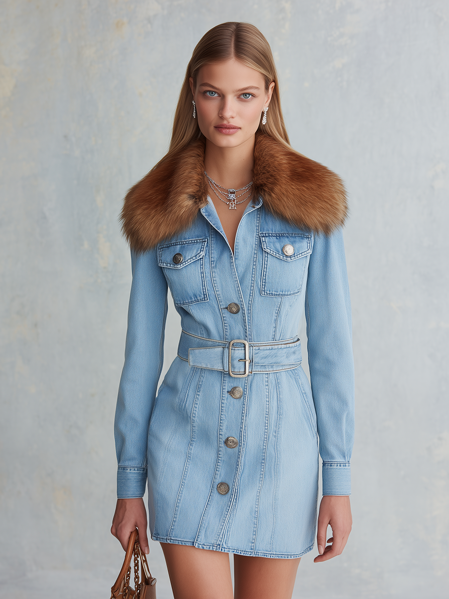 Light Blue Belted Denim Mini Dress With Faux Fur Collar