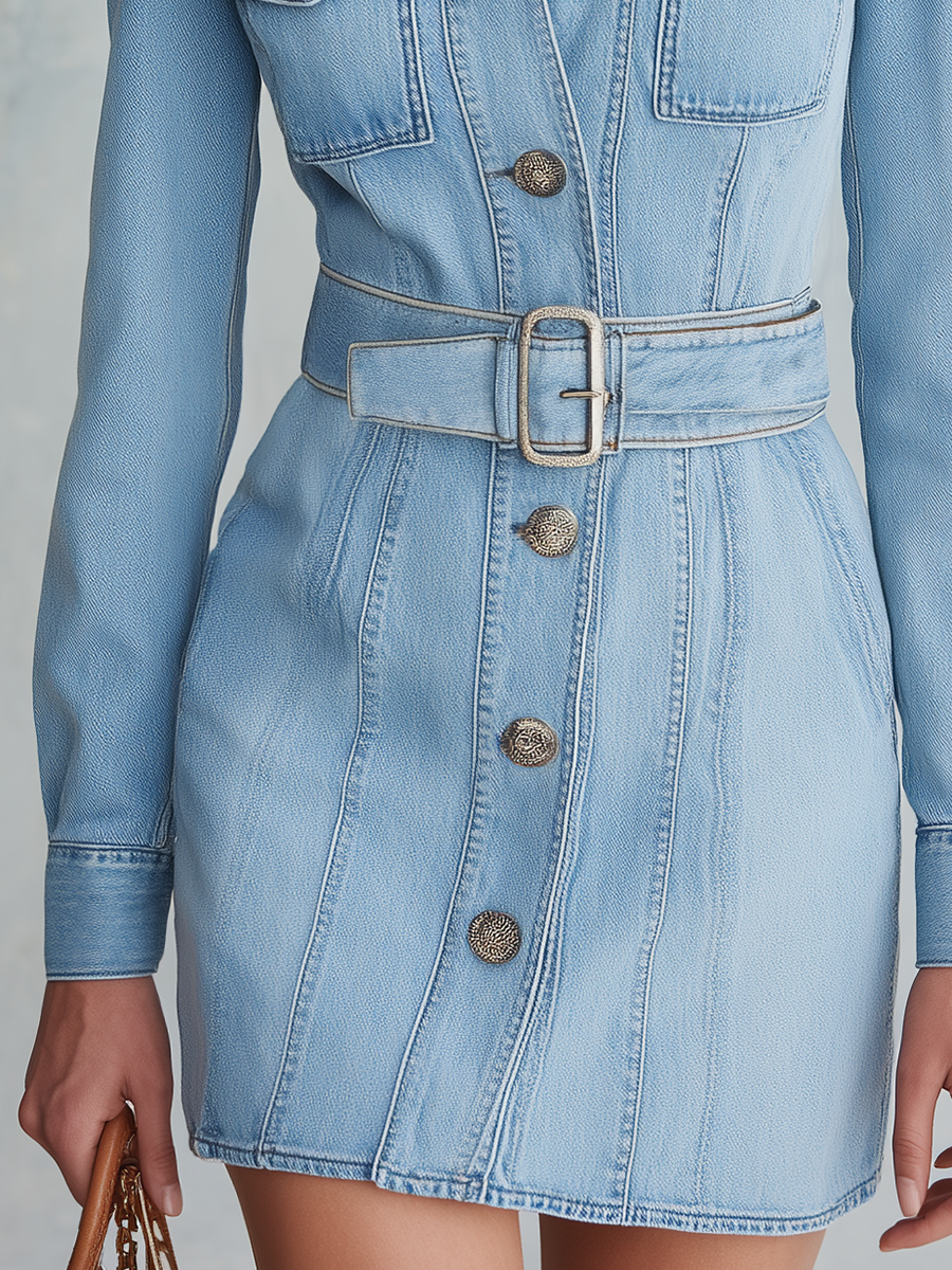 Light Blue Belted Denim Mini Dress With Faux Fur Collar