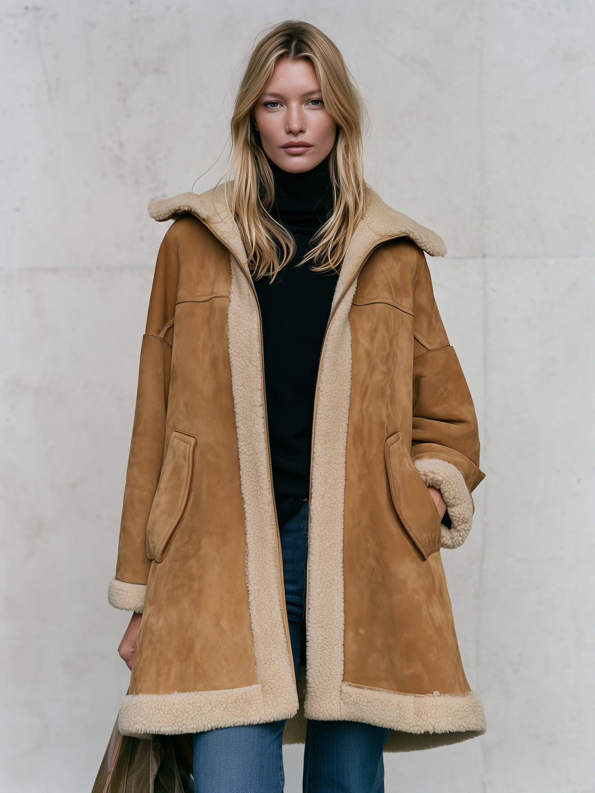 Casual Oversized Vintage Camel Suede Shearling Hooded Midi Coat Women