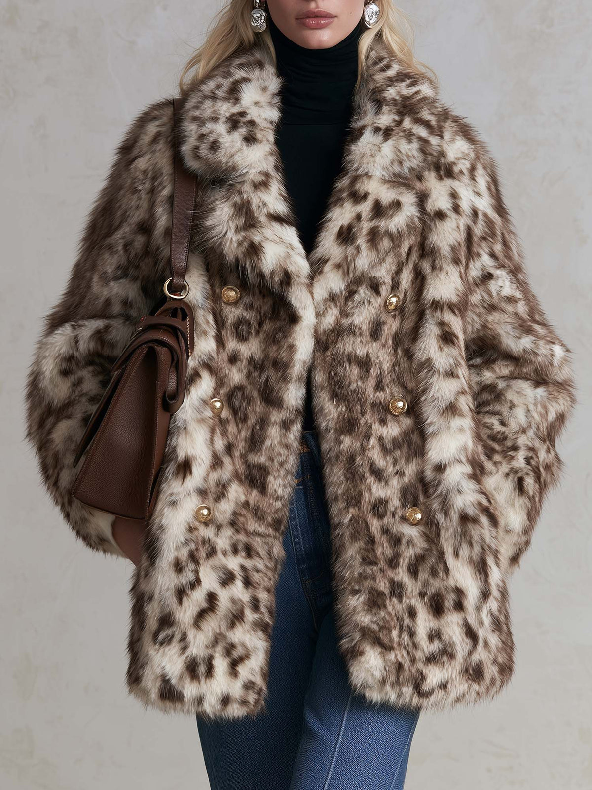 Vintage-Inspired Leopard Faux Fur Double-Breasted Gold Button Statement Coat