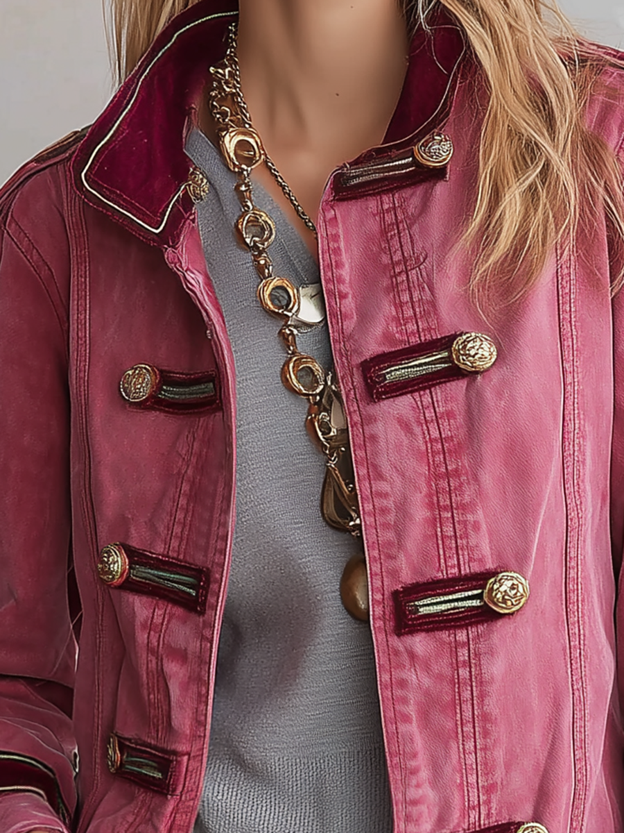 Pink Military Style Gold Button Longline Jacket