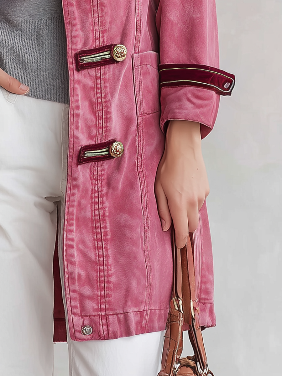 Pink Military Style Gold Button Longline Jacket