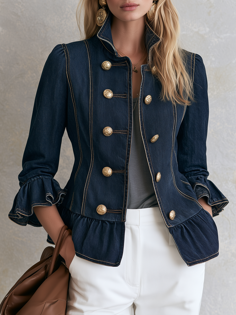 Indigo Peplum Denim Gold Button Jacket