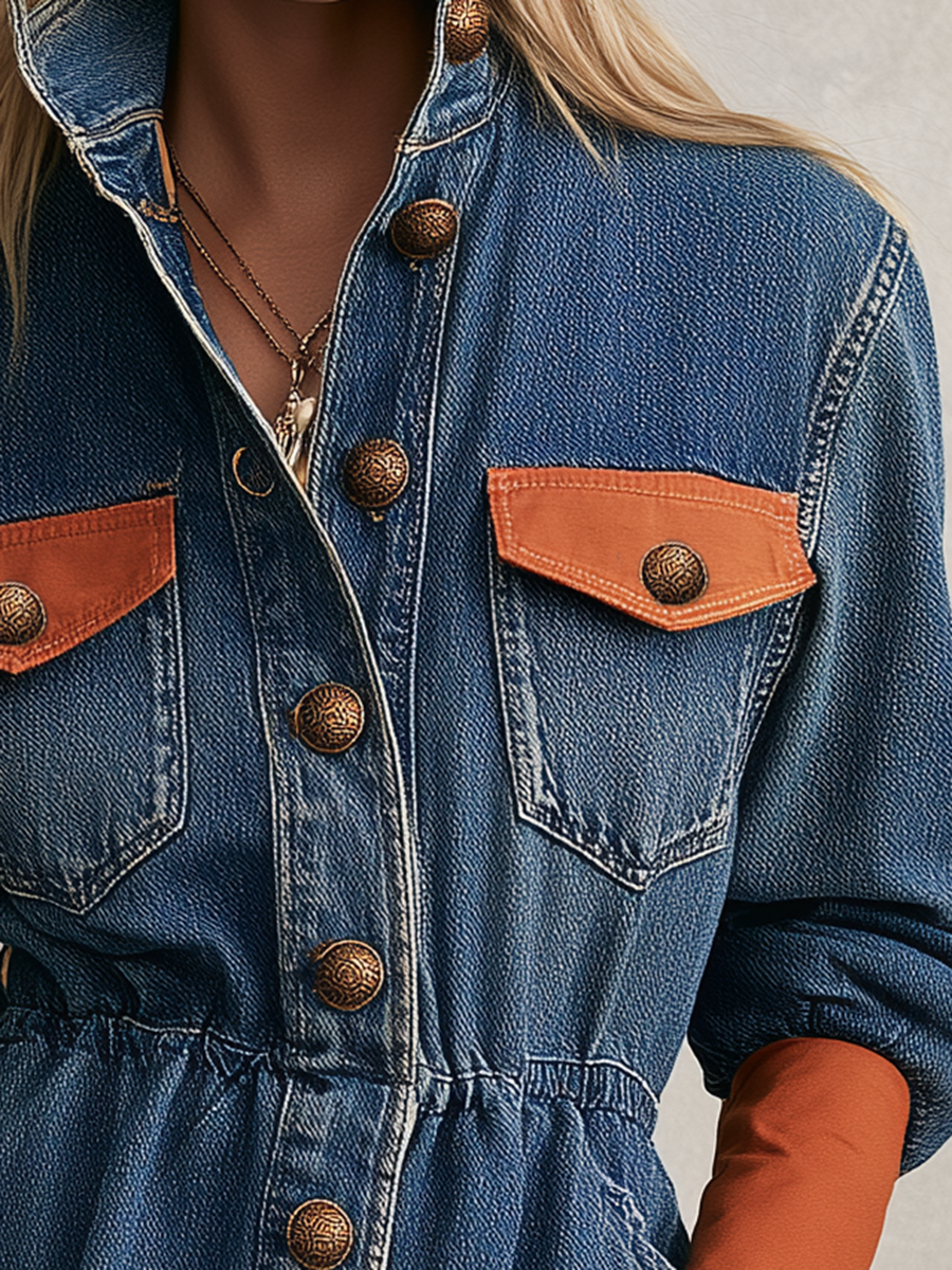 Blue Denim Ruffle Hem Button Front Mini Dress