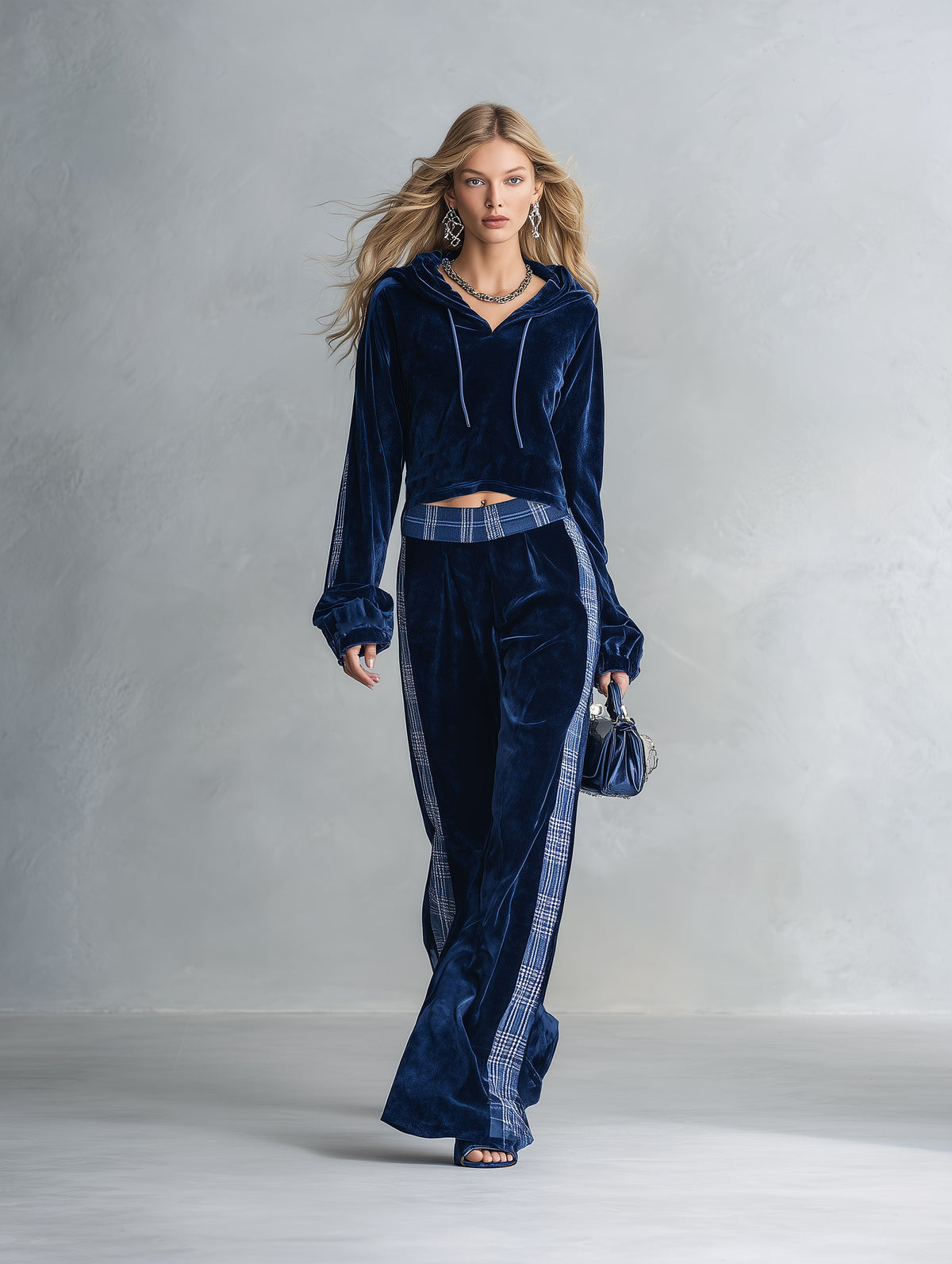 Casual Urban Style Plaid Trim Dark Blue Velvet Hooded Top & Wide-Leg Pants Set