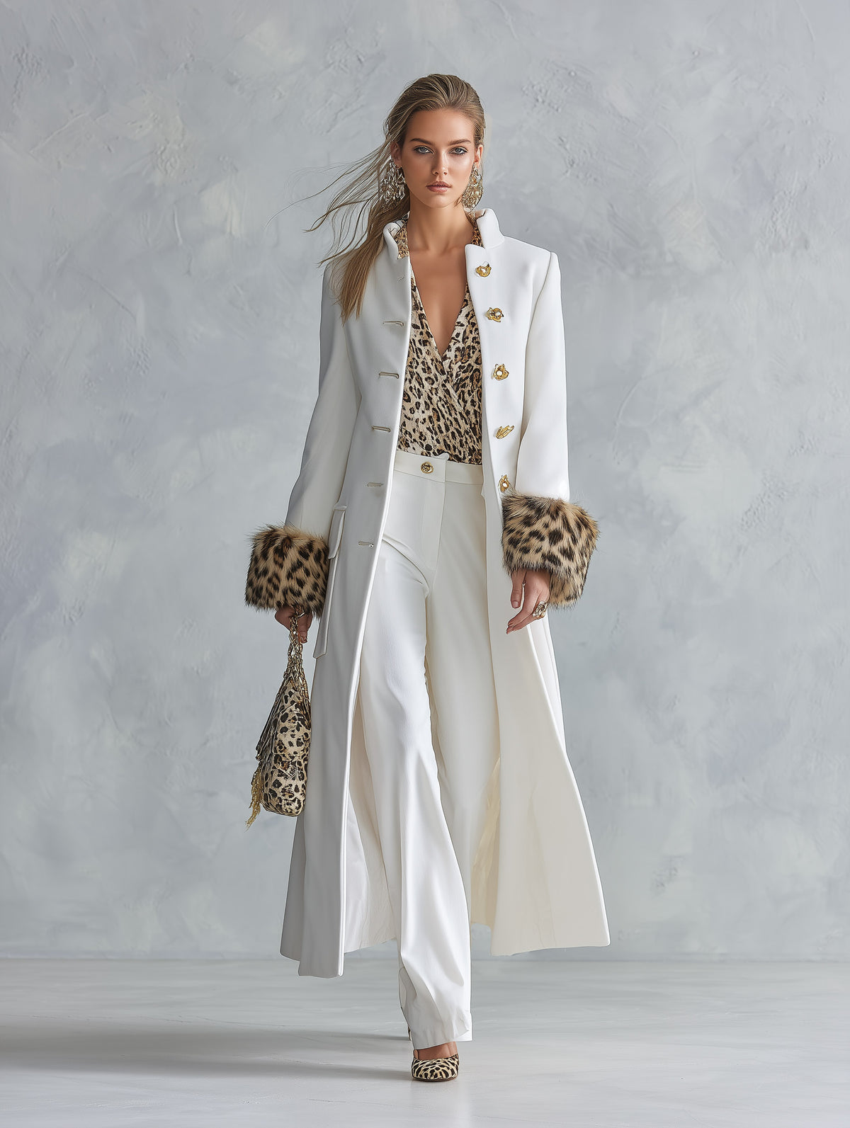 Premium Leopard-print Faux-fur Cuffs White Stand Collar Single-breasted Coat