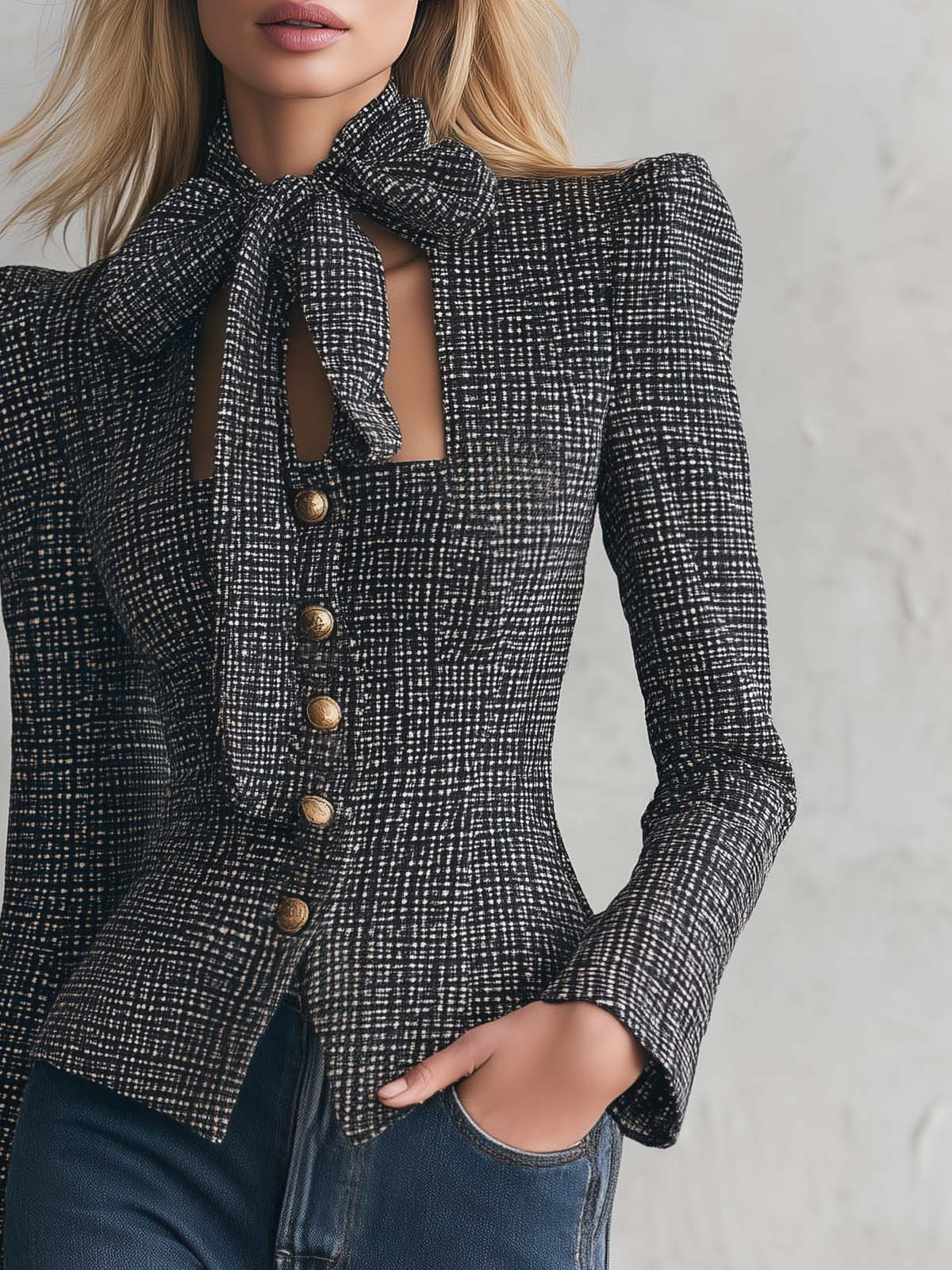Vintage Elegant Black Tweed Tie-Neck Bow Puff Shoulder Gold Button Fitted Jacket