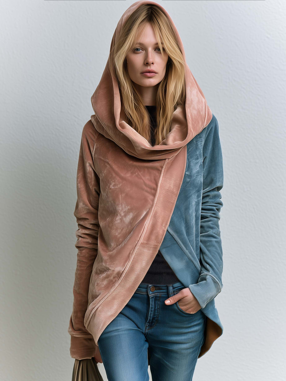 Boho Asymmetric Wrap Color Block Cowl Neck Oversized Velvet Hoodie