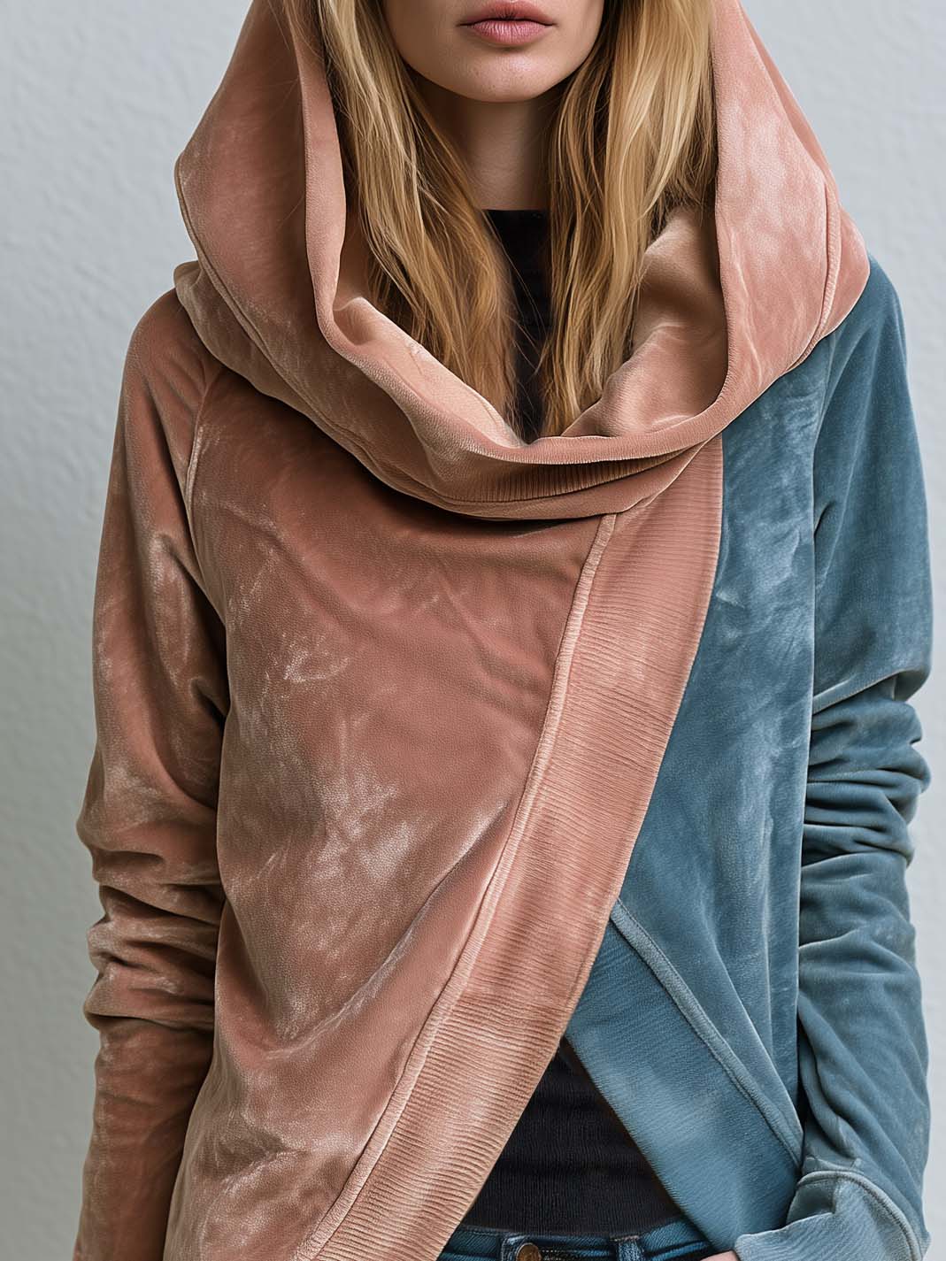 Boho Asymmetric Wrap Color Block Cowl Neck Oversized Velvet Hoodie