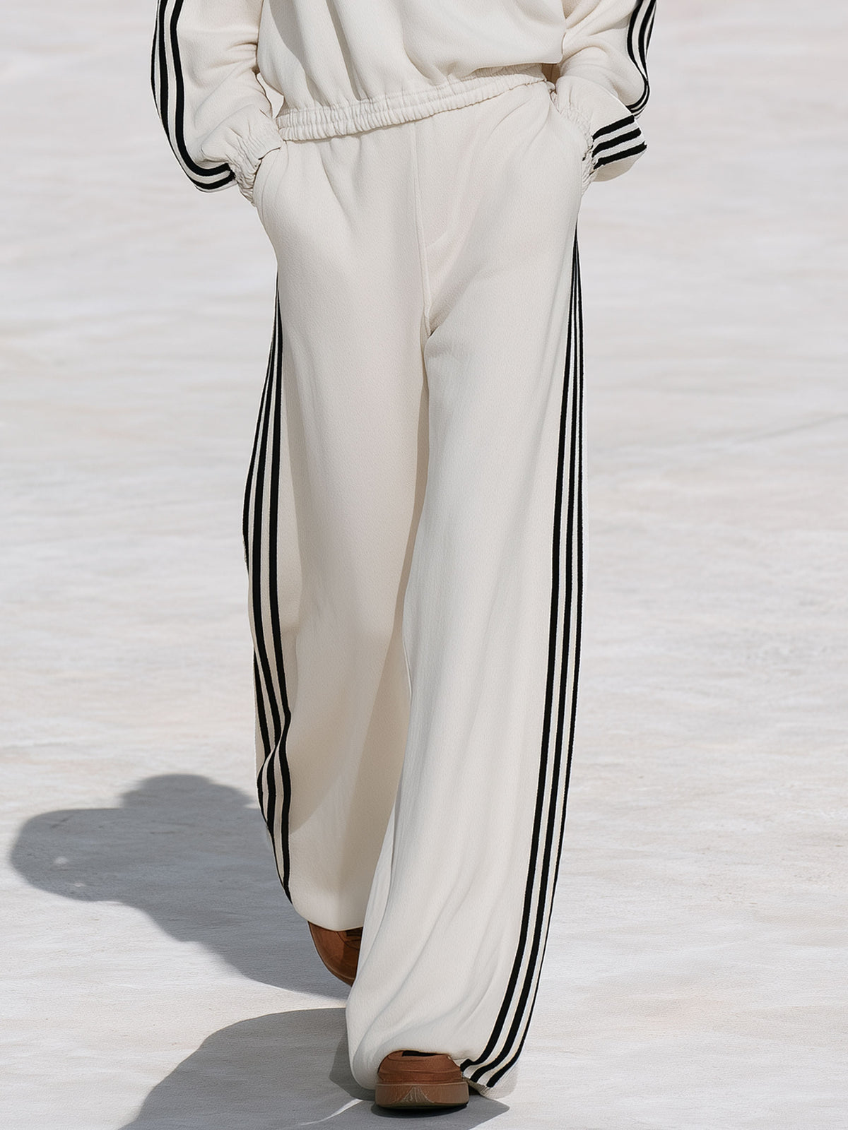 Casual Sporty Black Ribbon White Half-Zip Sweatshirt And Wide-Leg Pants Set