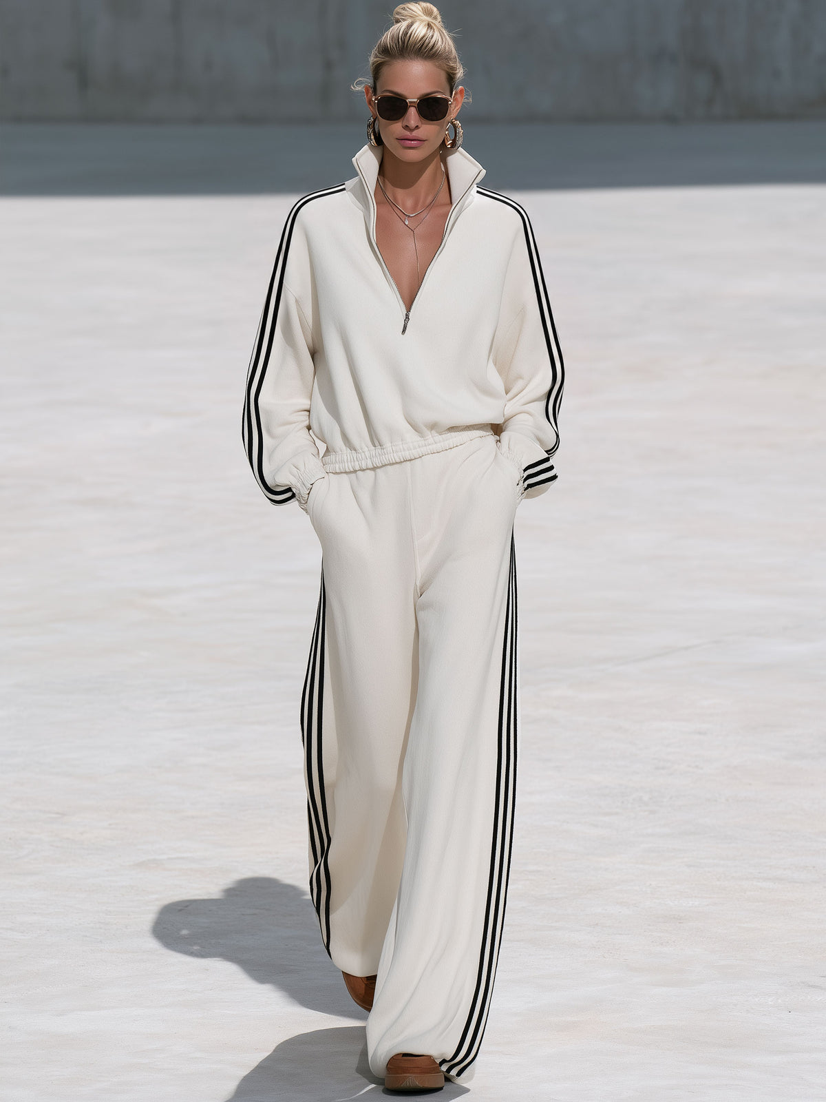 Casual Sporty Black Ribbon White Half-Zip Sweatshirt And Wide-Leg Pants Set
