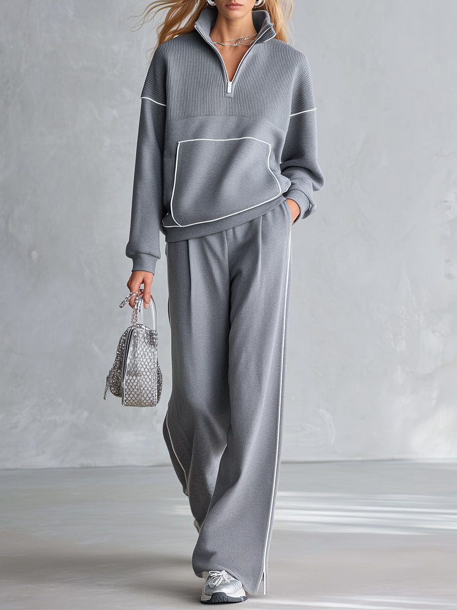 Casual Sportswear Light Grey Trimmed Top & Wide-Leg Pants Cotton Matching Set