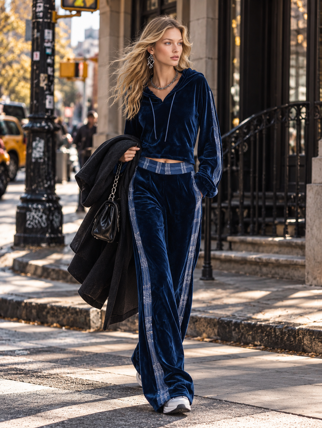 Casual Urban Style Plaid Trim Dark Blue Velvet Hooded Top & Wide-Leg Pants Set