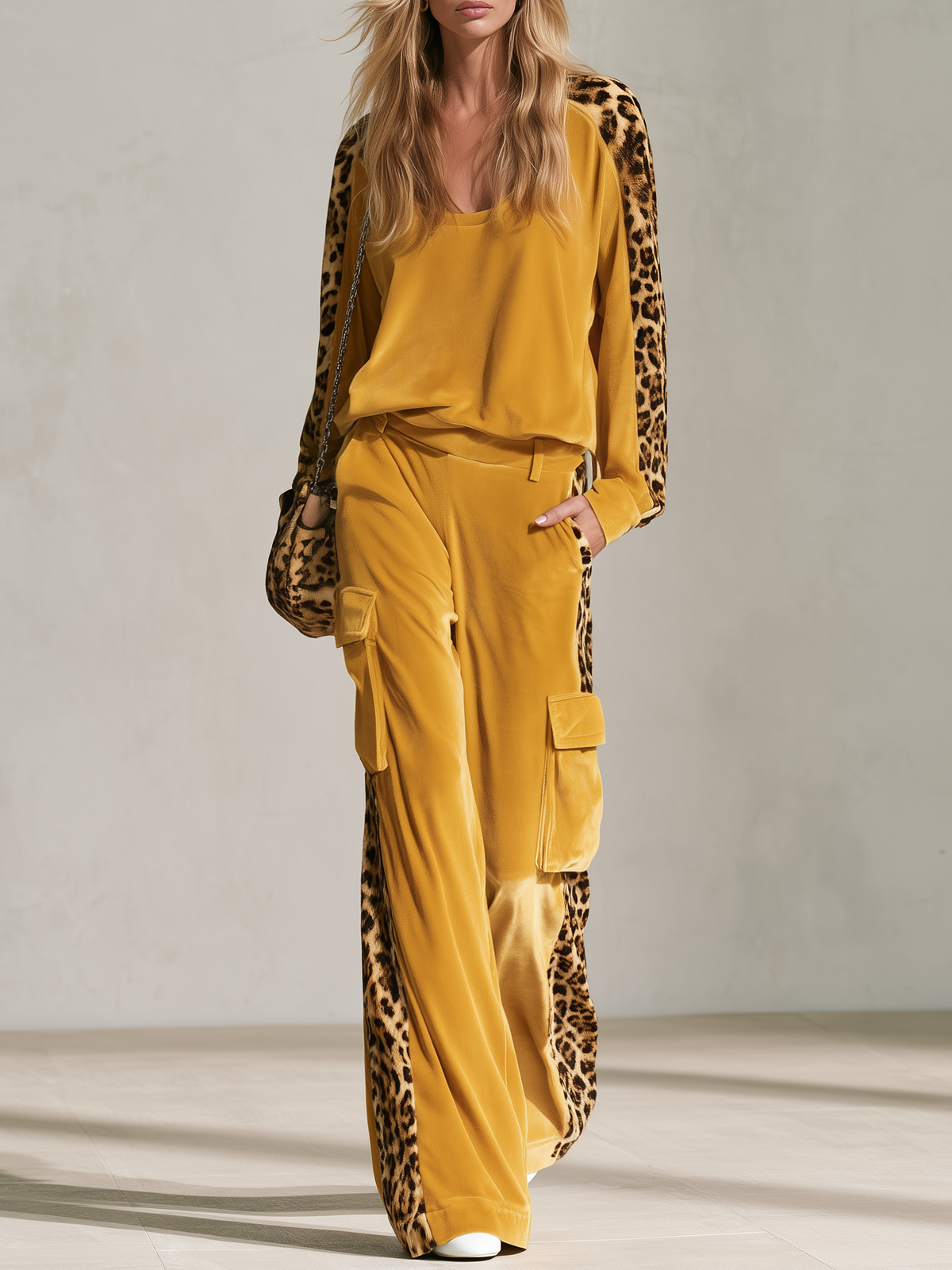 Retro Chic Yellow Leopard Print Velvet Top & Wide-Leg Pants Set