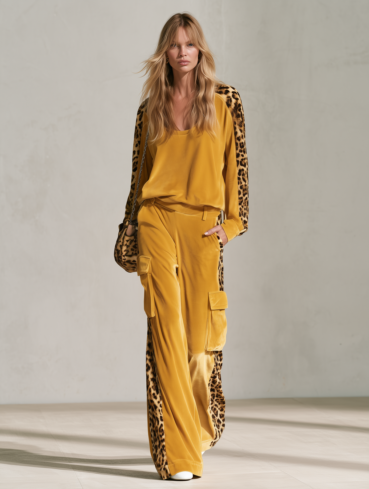 Retro Chic Yellow Leopard Print Velvet Top & Wide-Leg Pants Set