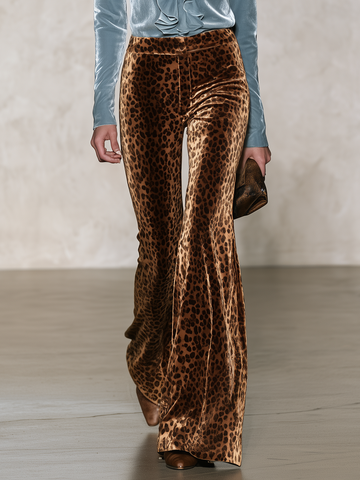 Retro Chic Blue Velvet Ruffle Top & Leopard Print Wide-Leg Pants Set