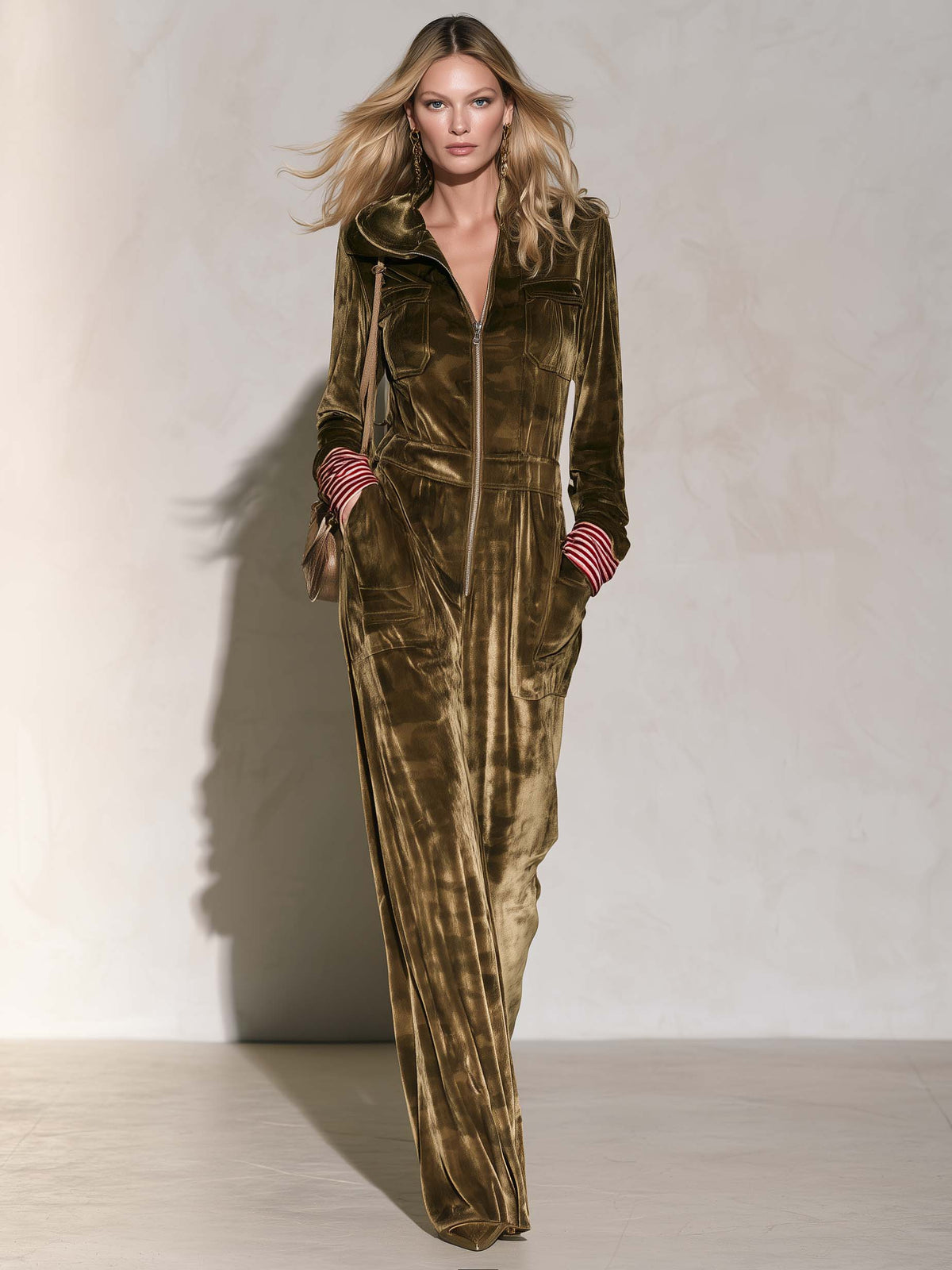 Vintage Utility Camo Olive Velvet Hooded Zip-Up Wide Leg Long Sleeve Jumpsuit